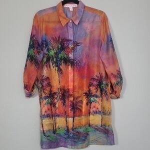 Leoma Lovegrove Sheer Tropical Print Button Up Shirt Size M Roll Tab Coastal
